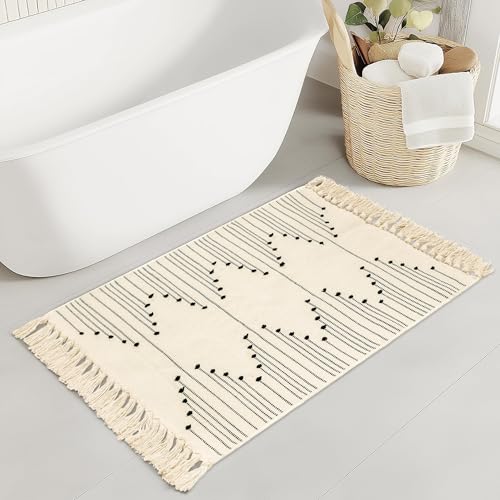 Tritard Boho Bathroom Rug 2x3 - Washable Woven Cotton Throw