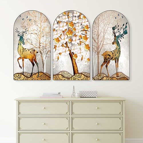 Image of Livin'luxe Set of 3 Golden deer with vastu money Tree Wall Painting for Living Room, Bedroom, Hotels - Big Size stylish frame 50 inch x 30 inch Wall Art for Home Decoration RPNL-12