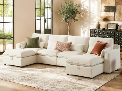 Image of WorthFurni Modern Modular Sectional Sofa,134 inch U Shape Sectional Cloud Couch with Storage Ottoman,Comfty 6 Seat Sofa for Living Room,Beige Chenille