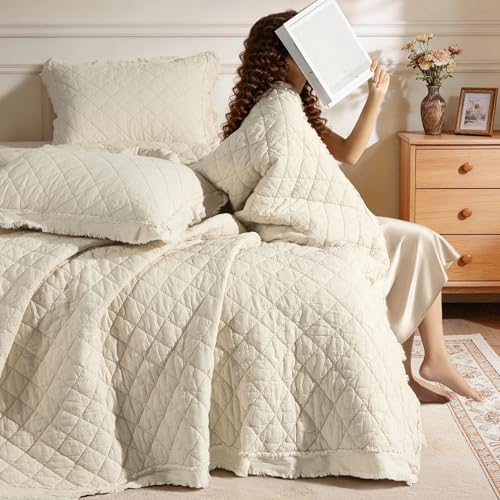 SONORO KATE 100% French Flax Linen Front Cotton Back Quilt Set King Pre-Washed Diamond Stitch Coverlet Lightweight Breathable Quilt for Hot Sleepers - 3 Piece(Linen King)