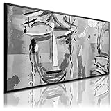 DekoArte - Cuadro Pintado a Mano Abstracto 140x70 cm CARAS PICASSO BLANCO NEGRO - Cuadros Modernos al Oleo con Marco Negro