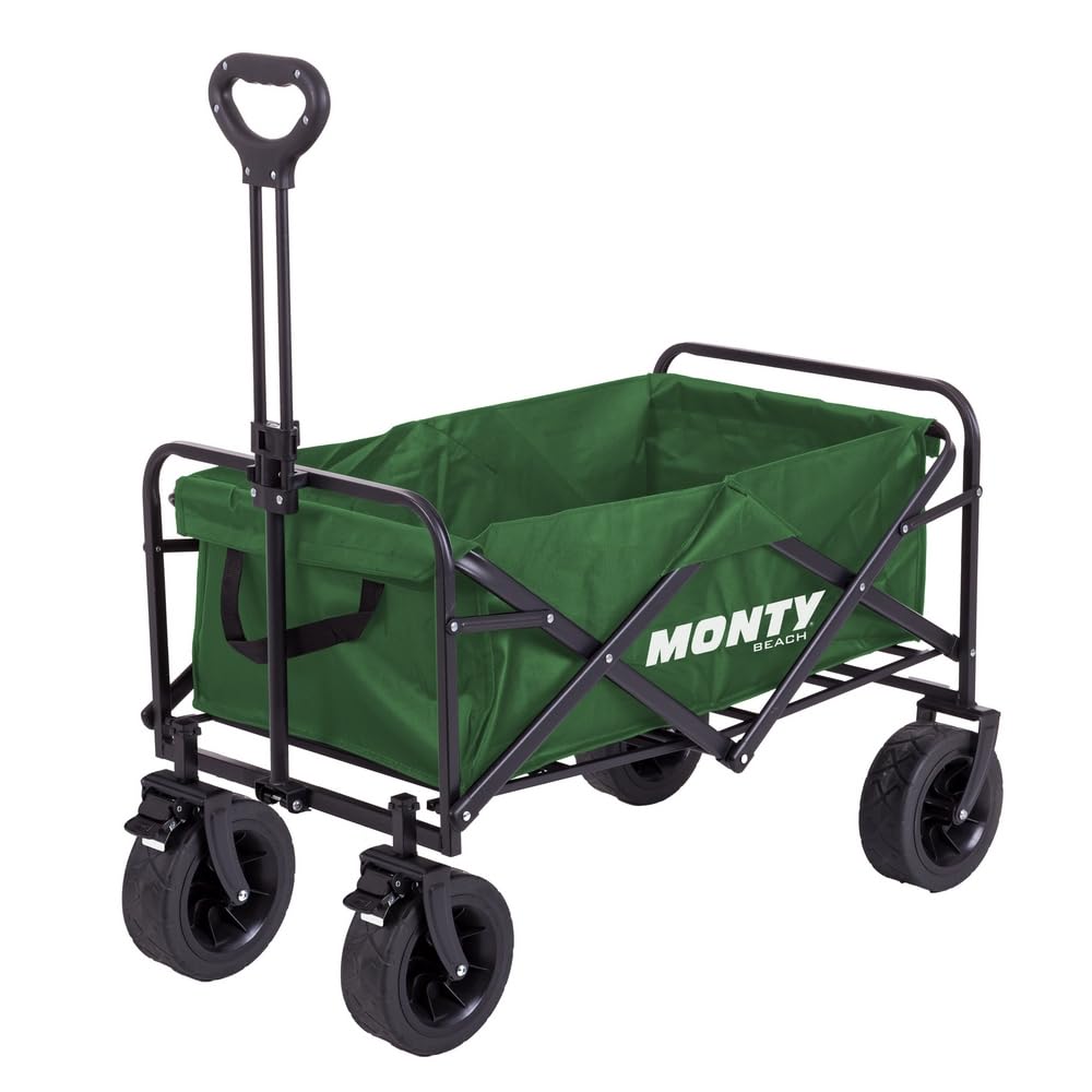 MONTY Carretilla Trolley Plegable Verde | Gran Capacidad 100 litros, 60 Kg | Estructura Acero con Pintura Anticorrosión, Mango Telescópico y Ruedas Giratorias Todoterreno con Freno | 2 Portabotellas