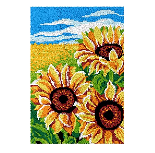 Image of PakyKai Latch Hook Kits for Adults DIY Color Printed Crochet Yarn Rug Kits Wall Tapestry Crafts Home Decor (Sunflower 23.6 inch X 15.8 inch)