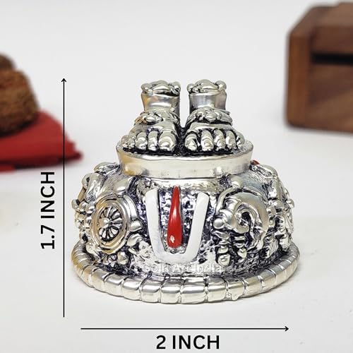 Image of Gold Art India Lord Balaji Charan Paduka Silver Matte Antique Finish Vishnu Charan Paduka for Pooja Room /Car Dashboard Venkateswara Swamy Feet with Shanku Chakra Namam Best Gift (Silver Plated 2 Inch)