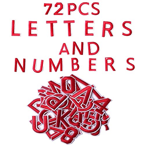 Harsgs 72 Pcs Iron On Letters Numbers Patches, Embroidered Patches Letters A-Z Numbers 0-9 Applique For Clothes, Dress, Hat, Jeans, Diy Accessories, Red #TOP18