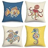 Joymaison Fundas Cojines 45x45 Juego de 4 Funda de Almohada Colorido Peces Animales Marinos Abstracto Cojines Fundas Verano Océano Tortuga Marina Cojine Decorativas para Sofá Salón Silla