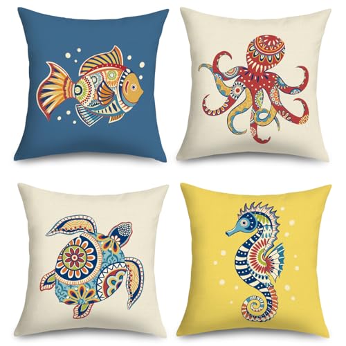 Image of Joymaison 45x45 Pack of 4 Ocean Colorful Fish Throw Pillow Cushion Covers
