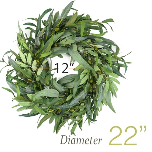 Olive Wreath for Front Door 22 inch, Greenery All Season Wreath with Olive Leaf Fruit, Home Decoration for Outdoor Living Room Indoor Wall and Outside Summer All Season Wedding