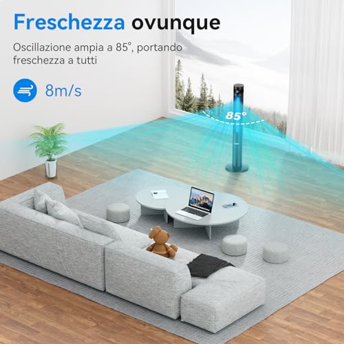 YASHE 43'' Ventilatore a Torre, 85° Oscillazione Ventilatore Senza Pale, 28dB Ventilatore a Torre Silenzioso, 3 Velocità 3 Modalità di Ventilazione, Ventilatore a Colonna con Telecomando - Immagine 2
