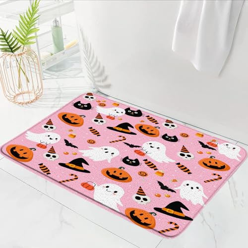 NYCCSM Halloween Bath Mat Pink Cute Ghost Pumpkins Skull Spooky Bats Gothic Meditation Soft Memory Foam Rug for Bathroom Kitchen,17.8W x29.5H.