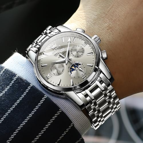 Image of OLEVS Automatic Men Watch Self Winding Mechanical Luxury Dress Moon Phase Stainless Steel Waterproof Luminous Calendar Wrist Watch