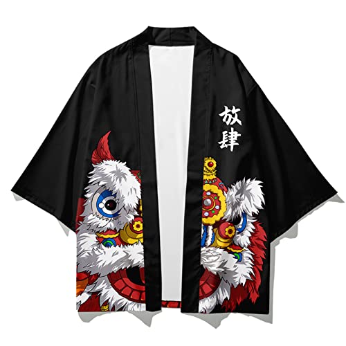 Image of DOSLAVIDA Men's Japanese Kimono Jacket Set Stylish Open Front Coat With Shorts Chinese Style Printed Cardigan Suit