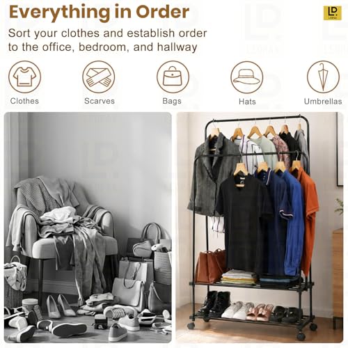 Image of LEOPAX Premium Double Pole Clothes Rail for Hanging Clothes, Heavy Duty Garment Rack with Bottom Shelves, Clothes Rack with Wheels for Dresses, Coats, Shirts - Black - 84 x 30 x 151cm