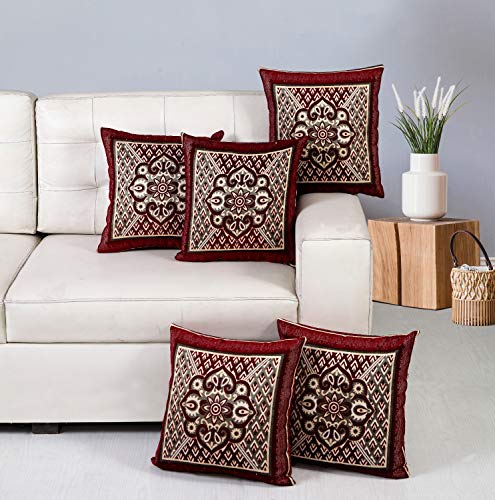 Image of Nendle Jacquard Weaved Decorative Velvet Cushion Cover /Sofa Pillow Cover Set Of 5 Pieces (Maroon, 16X16 Inches), 500 TC