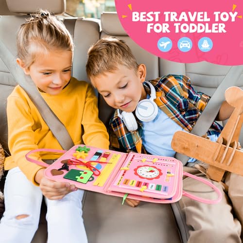 Image of Toddler Busy Board, Montessori Sensory Toys for Boys, 1-4 Year Old Girl Toddler Travel Toys, Educational Learning Activities Board for Motor Skills, Birthday Gifts for Airplane Car, Pink