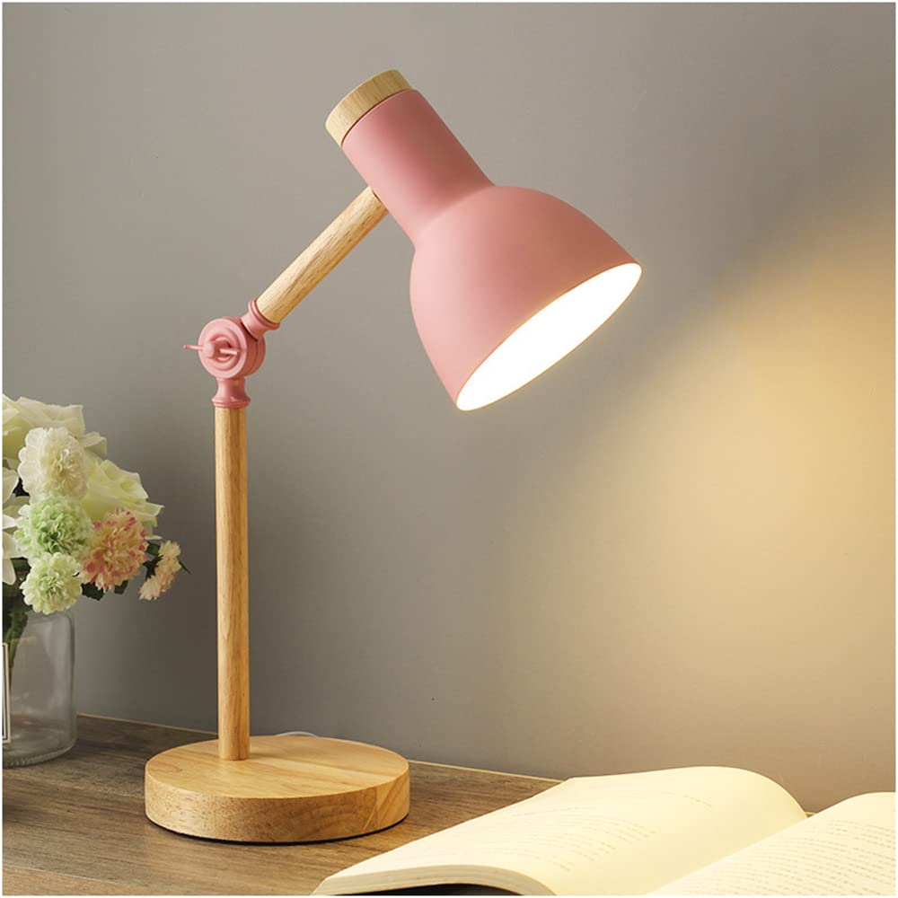 Modern Wood Desk Lamp with Metal Shade - Adjustable Bedside Table Lamp for Office, Study, Bedroom, Living Room, Kids, Side Table, Reading Desk - ON/Off Switch, Pink