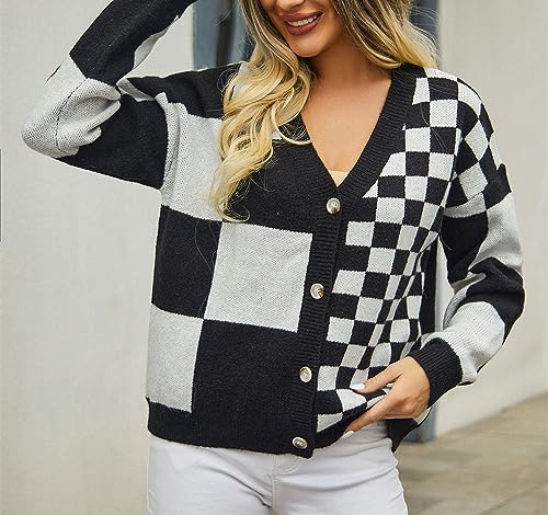 Image of Womens Color Block Plaid Button Down Cardigan Long Sleeve Cable Knit Checkered Sweaters Tops Y2k Aesthetic Clothes