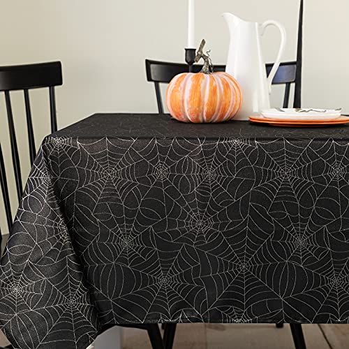 Benson Mills Halloween Twinkle Spider Web Metallic Fabric Table Cloth, Easy Care, for Dinners & Parties (Black, 52" x 52" Square)