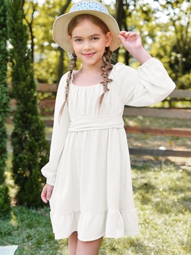 Batermoon Girls Long Sleeve Tie Back Dress Kids Fall Square Neck A-Line Mini Dresses 5-14 Years4