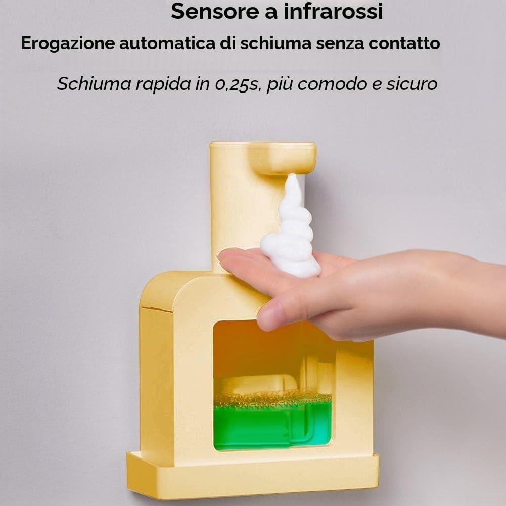 Dispenser automatico di sapone per bambini, dispenser di sapone per le mani di animali domestici, dispenser di sapone in schiuma non touch con rilevamento automatico, ricarica USB, 400 ml (giallo)