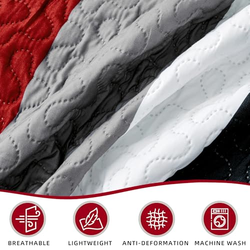 Image of Tyrot 3 Piece Red Black Grey Quilts King Size Red White Gray Bedding Set | Lightweight Bedspread, Geometric Coverlet with 2 Sham, Modern Abstract Soft Microfiber, Bed Cover for All Season, 106''x96''