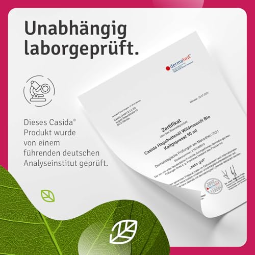 Casida Hagebuttenöl - Wildrosenöl - 100% BIO & Kaltgepresst für Gesicht & Haut - Hagebuttenkernöl hinterlässt eine seidig, glatte Haut - Aus der Apotheke 50 ml