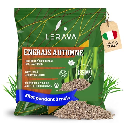 LERAVA® – Engrais Gazon Automne (185m²) – Fertilisant Azoté à Libération Lente – Régénère le Gazon après l’Été – Pelouse Dense, Verte et Résistante – Spécial Soin Automnal