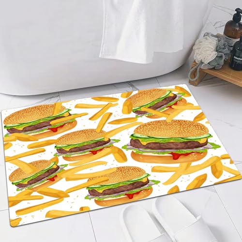 FSDGY Tapis de Bain,Tapis Salle de Bain Moelleux en Microfibre,Tapis de Douche Absorbant Lavable en Machine,Parure de lit Hamburger Frites 3D Burger géant 3...