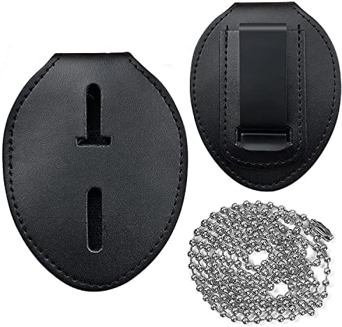 Police Badge Holder,Cowhide Universal Badge Holders Belt Clip,Metal Clip and Chain Included for Law Enforcement Officer Gifts (Black)