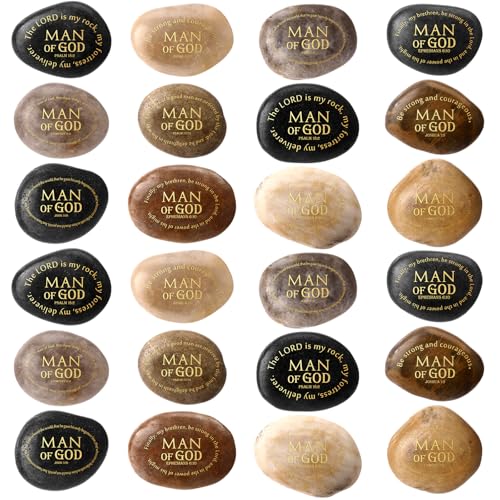 Wesiti 24 Pcs Man of God Engraved Stones Christmas Christian Gifts with Bible Verses Scripture Stones Inspirational Rocks Gifts for Thanksgiving Pastor Baptism Sunday School Father Teacher
