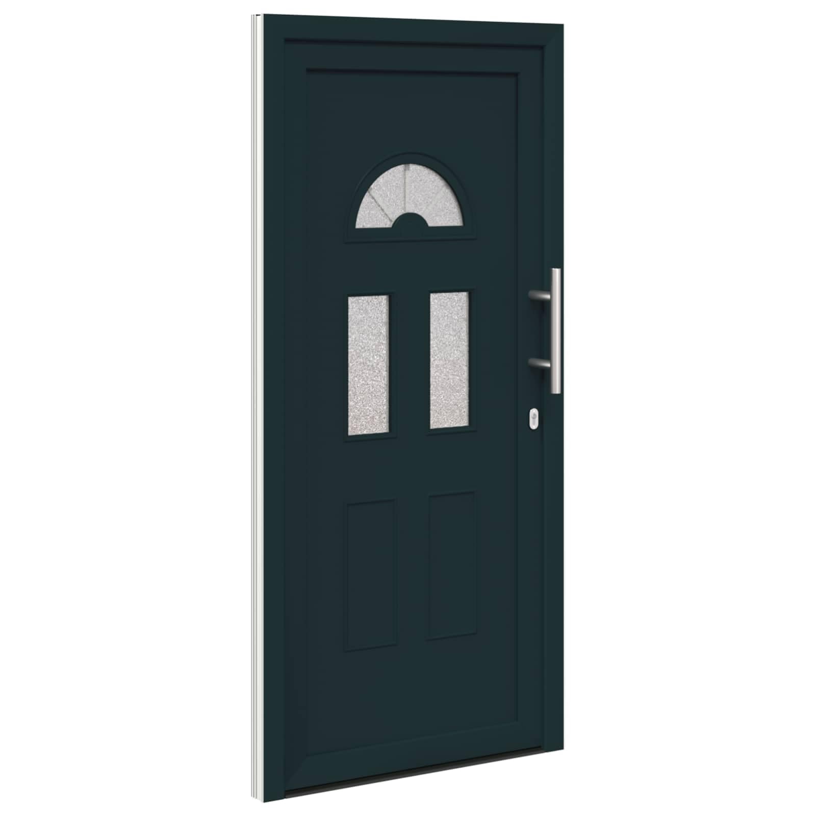 Drzwi wejściowe antracytowe PCW 110 x 210 cm z wkładką szklaną, izolowane i dźwiękoszczelne, łącznie z zamkiem, ościeżnicą i blokadą, idealne do nowego budowy, renowacji i wejścia do