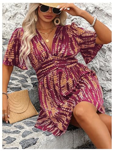 Image of Floerns Women's Plus Size Printed V Neck Short Sleeve Ruffle Hem Summer Short Dresses