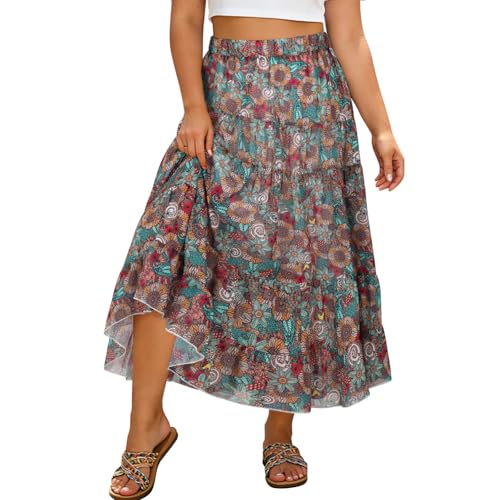 Charming Ashley Women's Chiffon Elastic High-Waisted A-Line Skirt 2026 Summer Bohemian Maxi Skirts Perfect for Beach Vacations Blue and Yellow