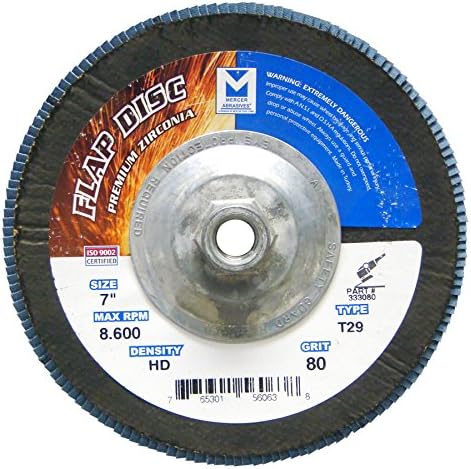 Mercer Industries 333H080 Zirconia Flap Disc, High Density, Type 29, 7 x 5/8-11, Grit 80, 10 Pack