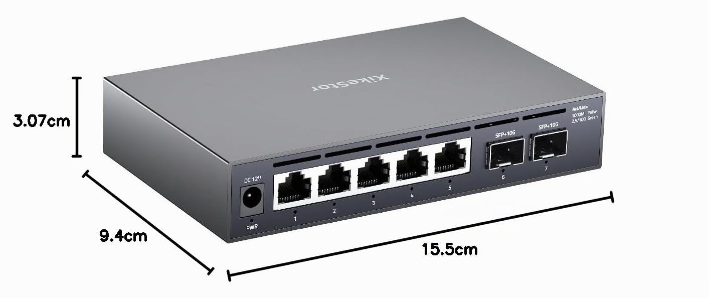 2,5G Unmanaged Ethernet-Switch 5X 2,5GbE RJ45 + 2X 10G SFP+ | Plug-and-play, kein Setup. Lüfterloses Metall, leise. Geringer Verbrauch für Heim, Büro & Überwachung.
