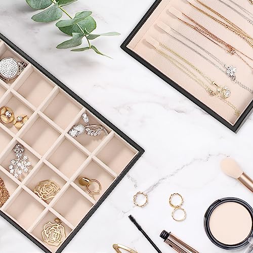 Voova Stackable Jewelry Organizer Tray with Lid, PU Leather Jewelry Storage Holder for Drawer Inserts, Jewellery Display Box Case for Earring Necklace Ring Watch Bracelet (Set of 4, Black)2