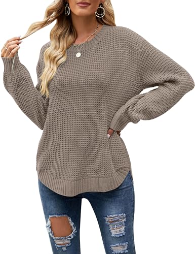 Image of MEROKEETY Women's Fall Long Sleeve Waffle Knit Oversized Sweater | Fall Fashion, Crew Neck, Tunic, Dressy Casual, Trendy, Cute, Pullover Tops, Long Lantern Sleeves, Loose Fit, Drop Shoulder