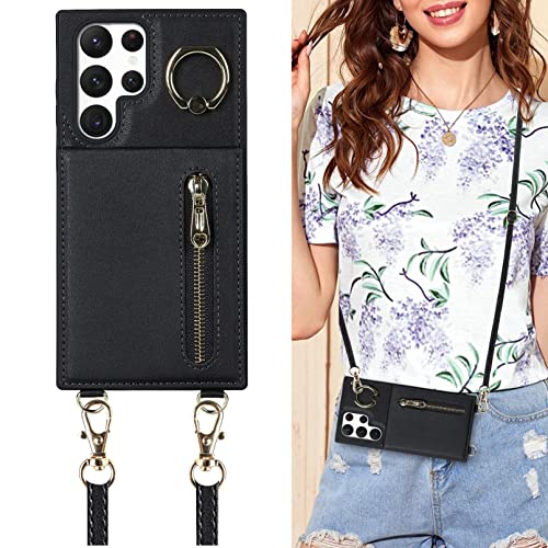 Jaorty Crossbody Phone Case For Samsung Galaxy S22 Ultra Case With Card Holder,S22 Ultra Wallet Case With Strap Lanyard For Women,[360° Rotatable Ring Holder] Kickstand Leather Pu Magnetic Clasp,Black #TOP4