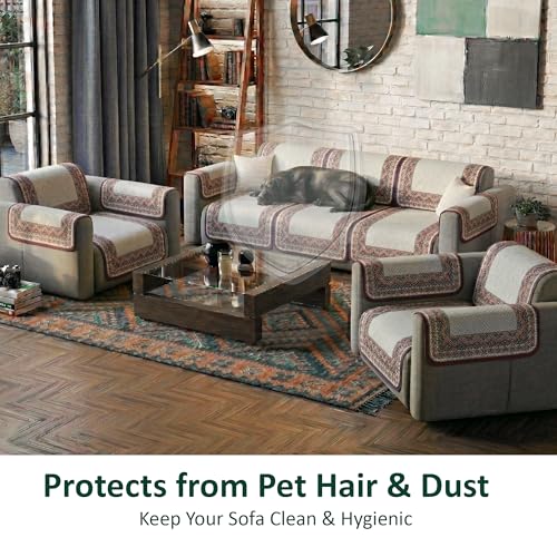 Image of Kuber Industries 5 Seater Sofa with Arm Cover | Slipcover for Living Room | Thick & Cozy | Non-Slip Comfort Sofa Cover Set | Paradise Diamond 1372 - Cream & Purple
