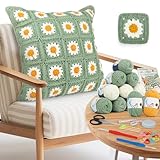 Aeelike Kit de funda de almohada de ganchillo, kits de ganchillo para principiantes y adultos, funda de almohada cuadrada de margarita con instrucciones (idioma español no garantizado), kit de inicio
