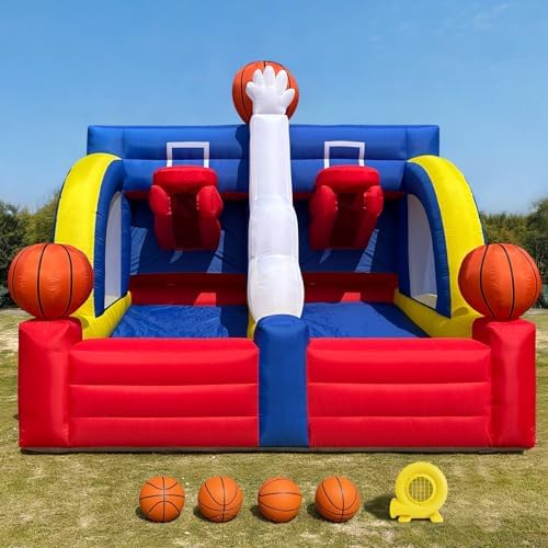 13×10×12ft Inflatable Basketball Hoop Game with Blocking Hands, Interactive Shot Challenge with 4 Balls & Air Blower, Portable Blow Up Basketball Hoop for Parties, Carnivals & Backyard Fun