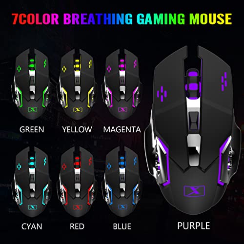 Image of Wireless Gaming Keyboard and Mouse Combo,Rainbow LED Backlit Keyboard with Rechargeable 3800mAh Battery Metal Panel,Removable Wrist Rest Mechanical Feel and 7 Color Mute Gaming Mice for PC PS4 PS5