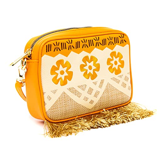 Image of Disney Bag, Horizontal Crossbody, Moana Embroidered Skirt Pattern with Hei Hei and Pua Pose, Raffia Straw