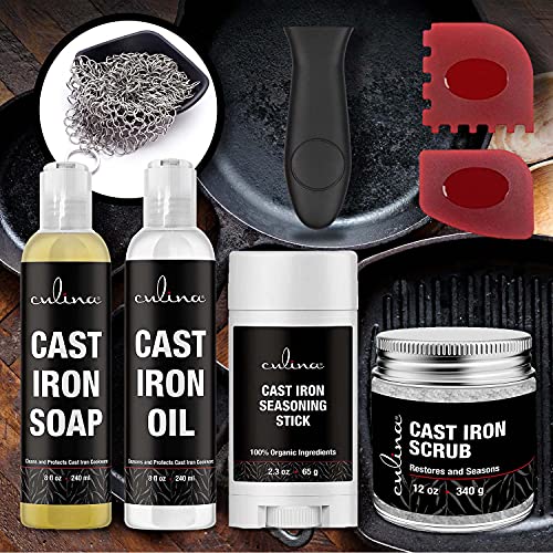 Image of Culina Cast Iron Seasoning Stick Soap Oil Conditioner Restoring Scrub Stainless Scrubber handle and Scraper | All Natural Ingredients | Cast Iron Cookware colors may vary