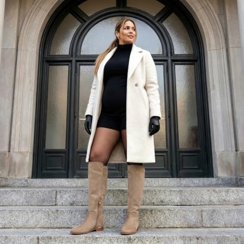 Image of Modatope Rounded Toe Flat Stretchy Dress Knee High Boots Side Zipper | Suede Elastic Fall Winter Boots, Low Chunky Block Heel Riding Boots,2026 Fashion Womens Tall Long Boots