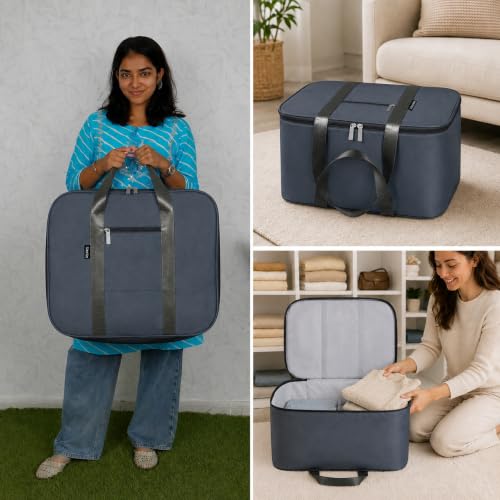 Image of Storite Twill Nylon Underbed Storage Bag Moisture Proof Cloth Organiser | with Zippered Closure and Handle (Grey, 56x46x30cm) Rectangular