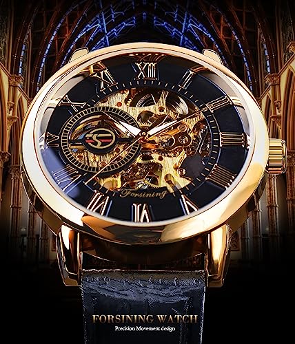 Image of FORSINING Men's Skeleton Watch Steampunk Watch Black Mechanical Watch for Men Minimalist Retro Design Mechanical Skeleton Wrist Watch Transparent