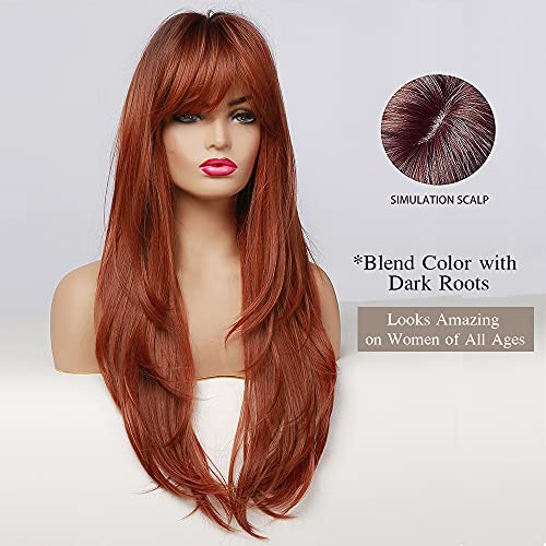 OUFEI Long Straight Auburn Layered Natural Synthetic Hair Wigs for Women with Dark Roots for Daily Party Use-24 Inches - Image 2