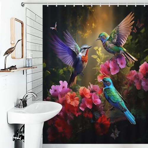 Rideau de douche oiseau mignon anti-moisissure en tissu polyester lavable 140x183 - 6