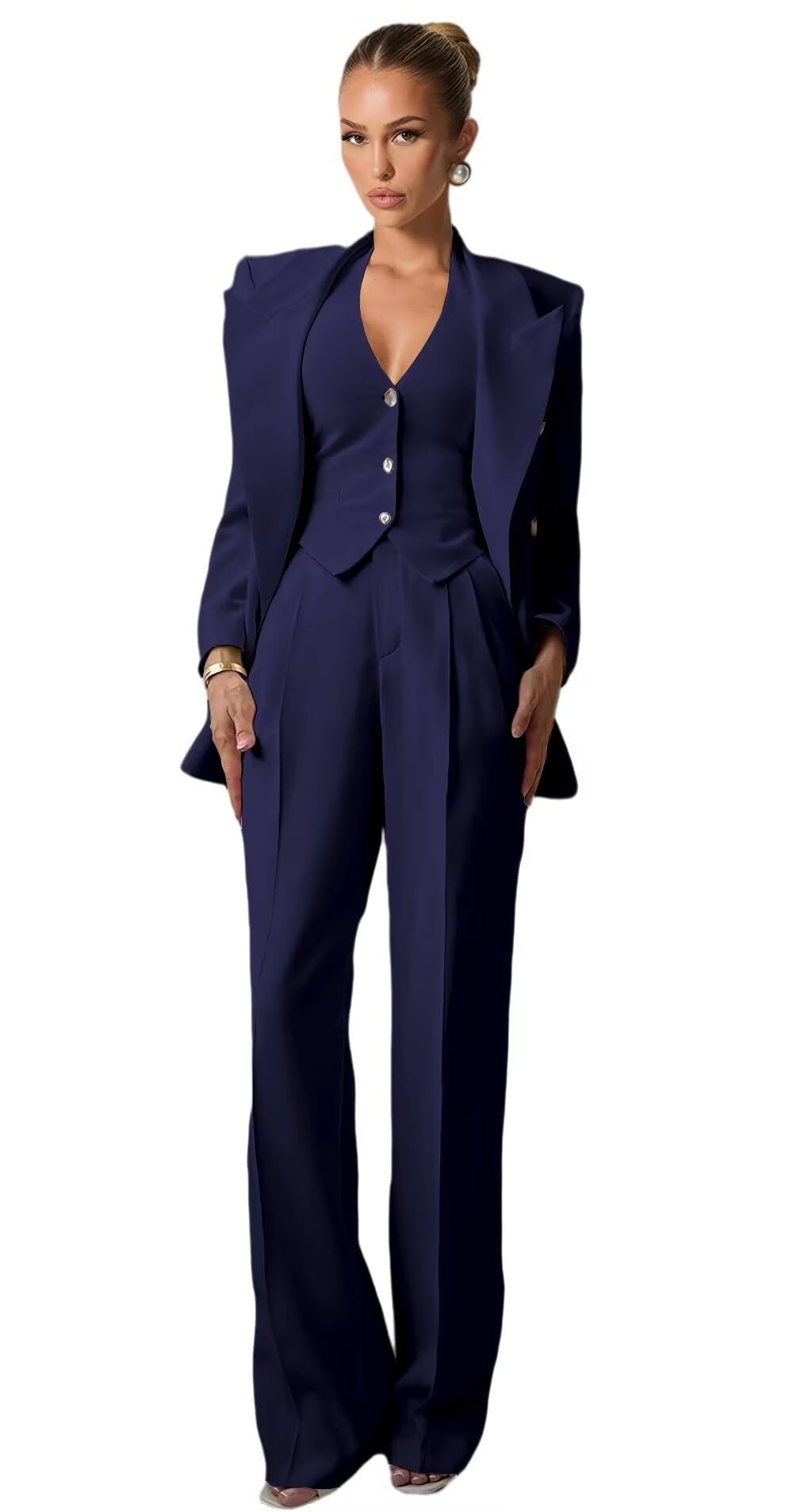 Navy Blue Suits for Women Dressy 3 Piece Double Breasted Womens Suit Office Work Pants Suits for Women